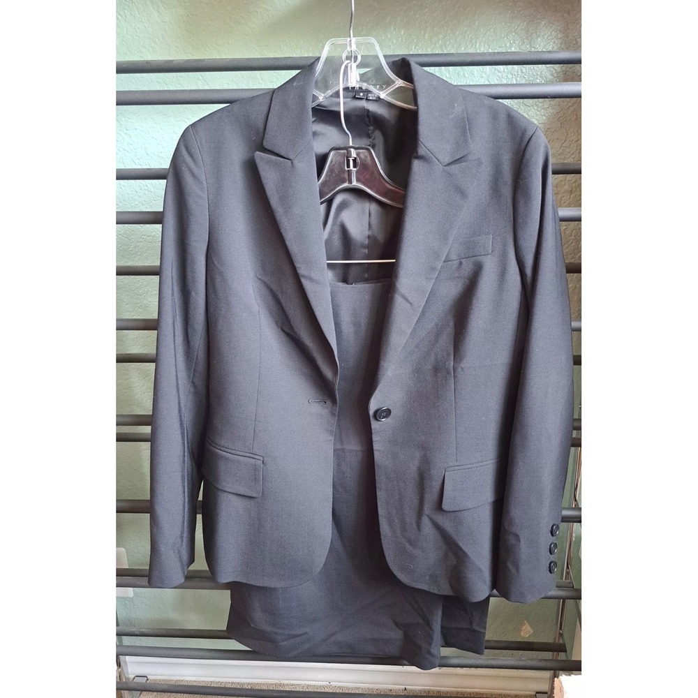 Theory Size 6 Black Skirt Suit Set Single Button Stretch Wool Blazer Jacket 2pc
